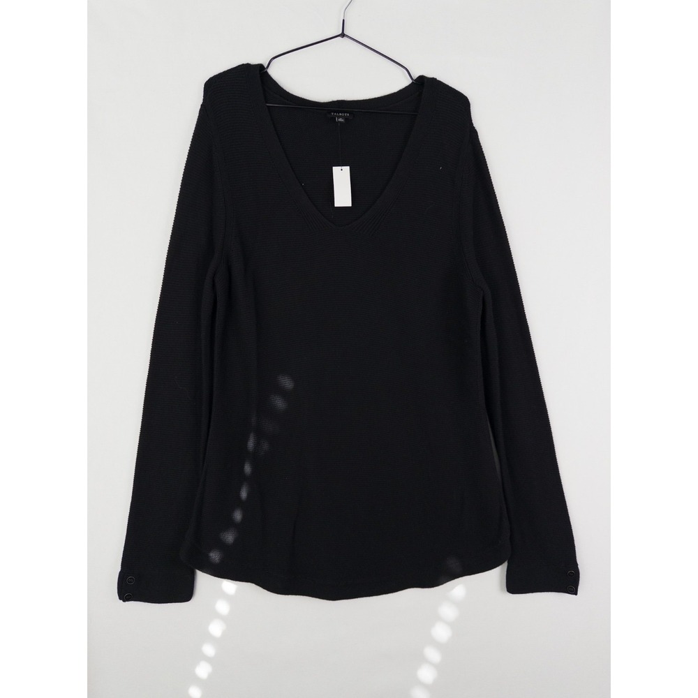 NWT Talbots Sweater‎ Womens M V Neck Knit Black Pullover Cotton Solid Minimalist